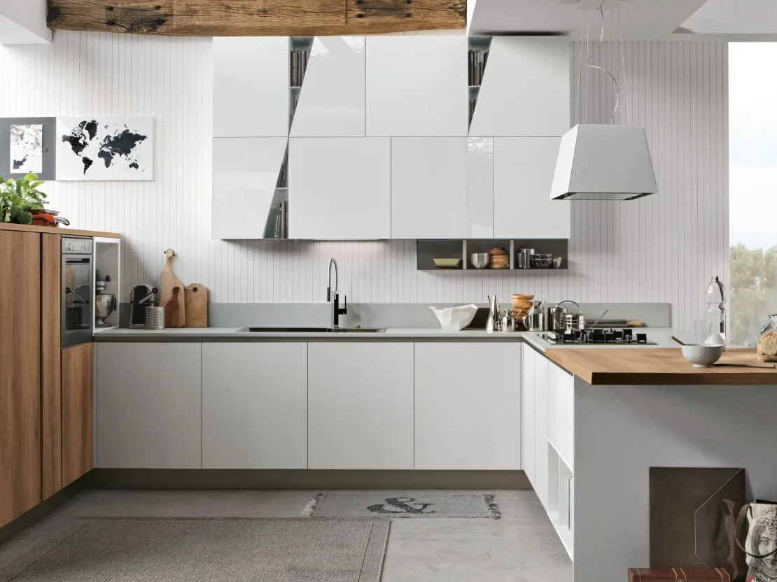 Cucina Moderna con penisola Infinity v14 in Pet Bianco e Rovere nodatodi Stosa