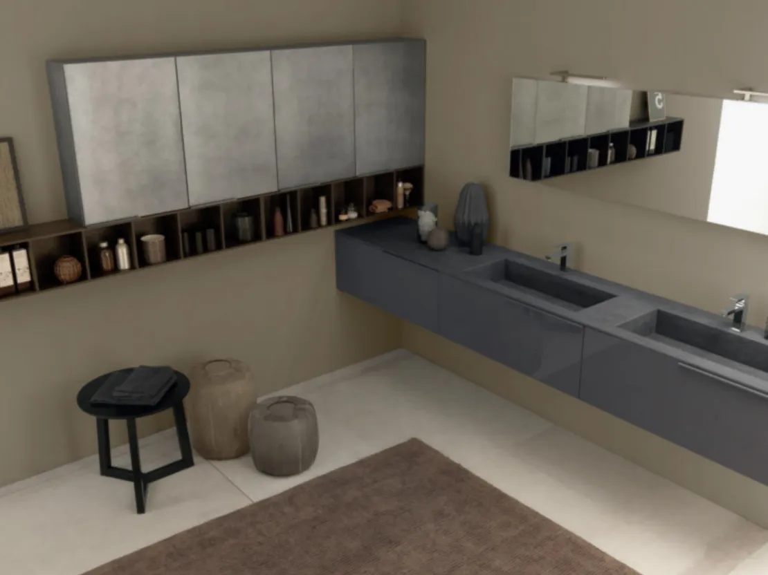 Mobile bagno sospeso M1 System C105 in laccato lucido Grigio Grafite con top in gres porcellanato Pietra di Savoia Antracite di Baxar