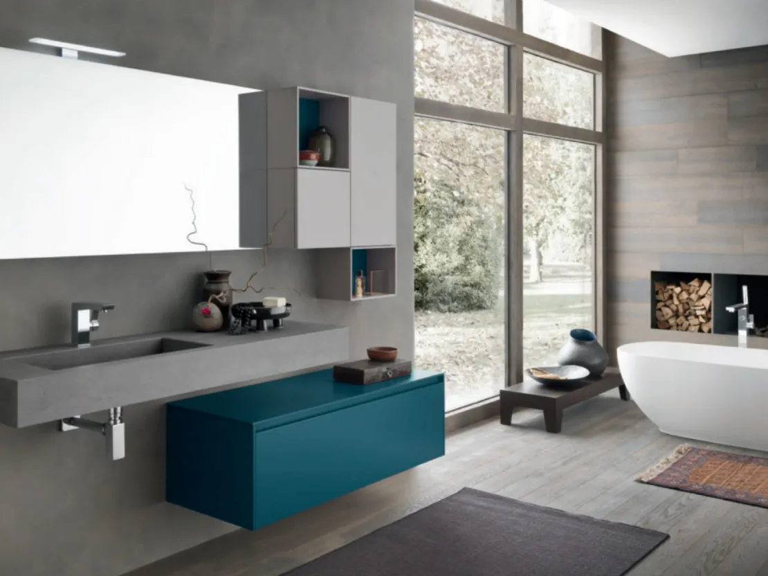 Mobile da Bagno sospeso M2 System C214 in laccato Blu Laguna opaco di Baxar