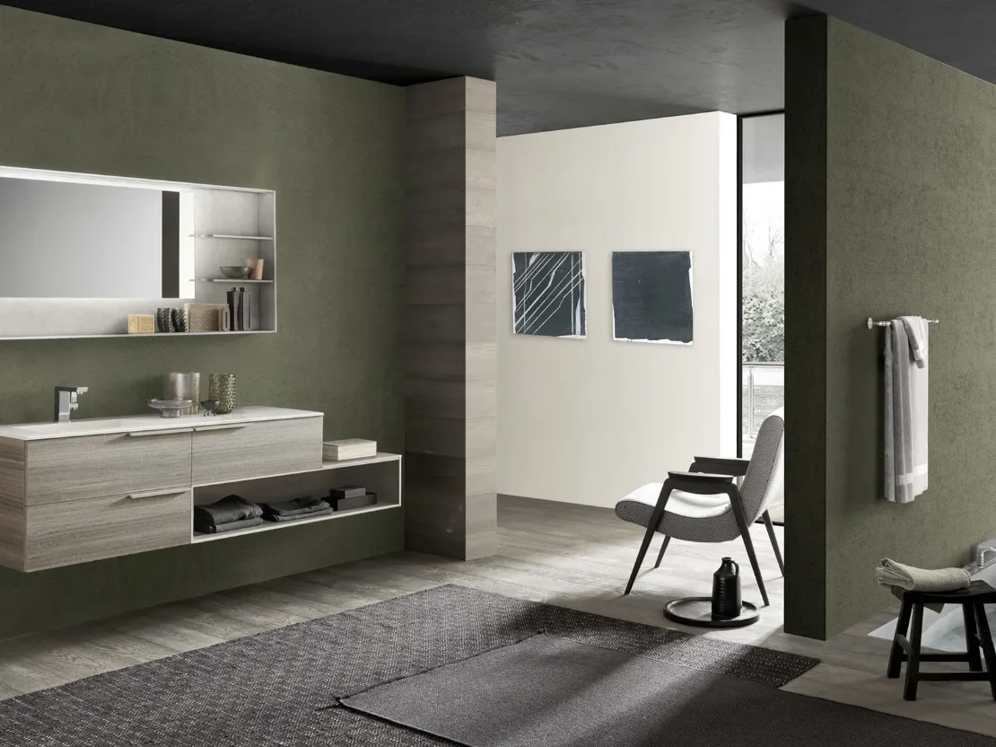 Mobile da Bagno sospeso M System C006 in melaminico Eucalipto Sablè Grigio di Baxar