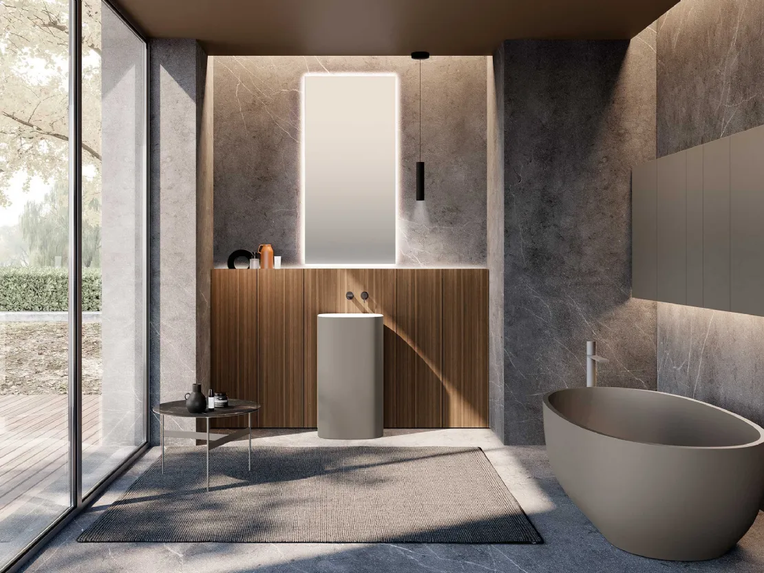 Mobile da Bagno M2 System 232 in legno impiallacciato di Eucalipto e lavabo laccato di Baxar