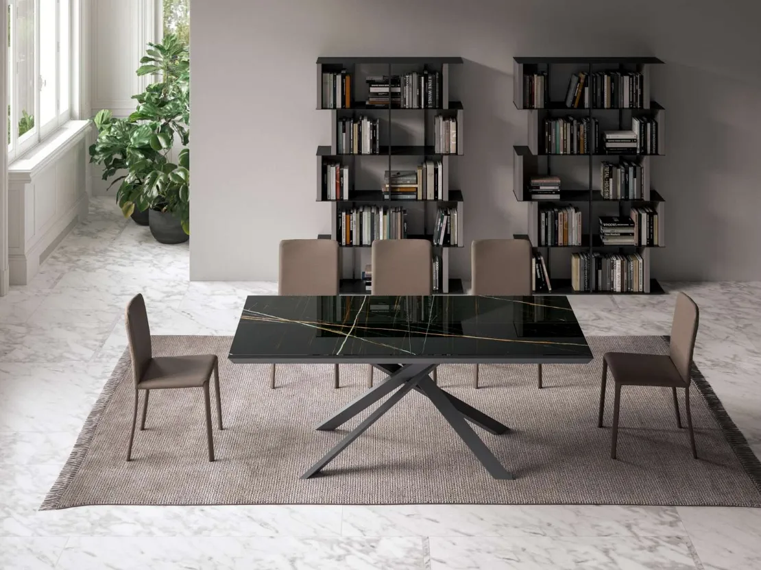 Tavolo allungabile e allargabile 4x4 in Marble Glass Sahara Noir Lucido di Ozzio