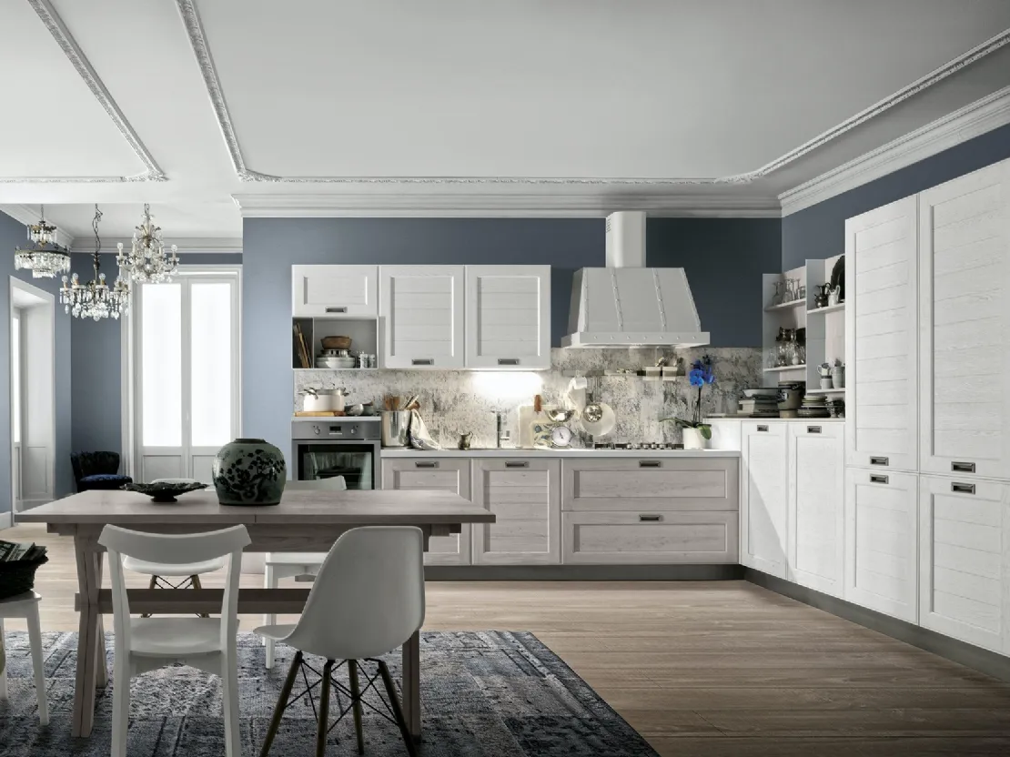 Cucina Classica York v7 Anta Dogata Rovere Calce, Anta Dogata Rovere Bianco, Maniglia ad incasso MTAB di Stosa
