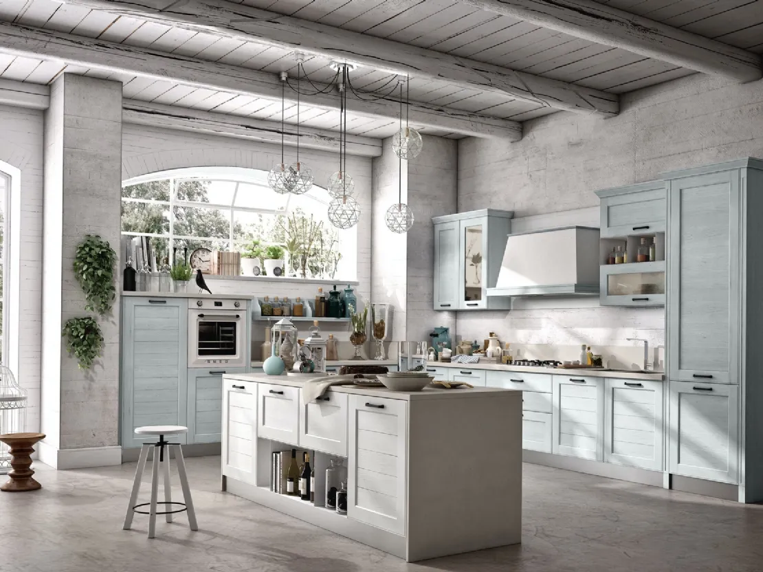 Cucina Classica York v8 in Rovere Bianco e Celeste con Maniglia Francesca di Stosa