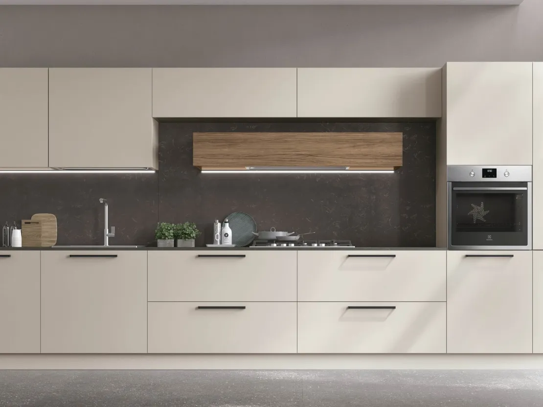 Cucina Moderna lineare Infinity v08 in Pet Cachemere e Cemento Dark di Stosa