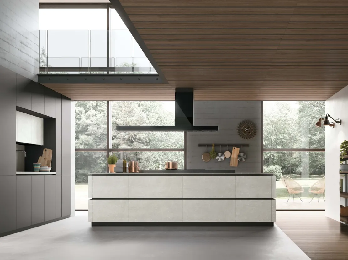 Cucina Moderne Metropolis v10 con isola in materico Cemento Bianco, blocco cottura marmo Petit Granit di Stosa