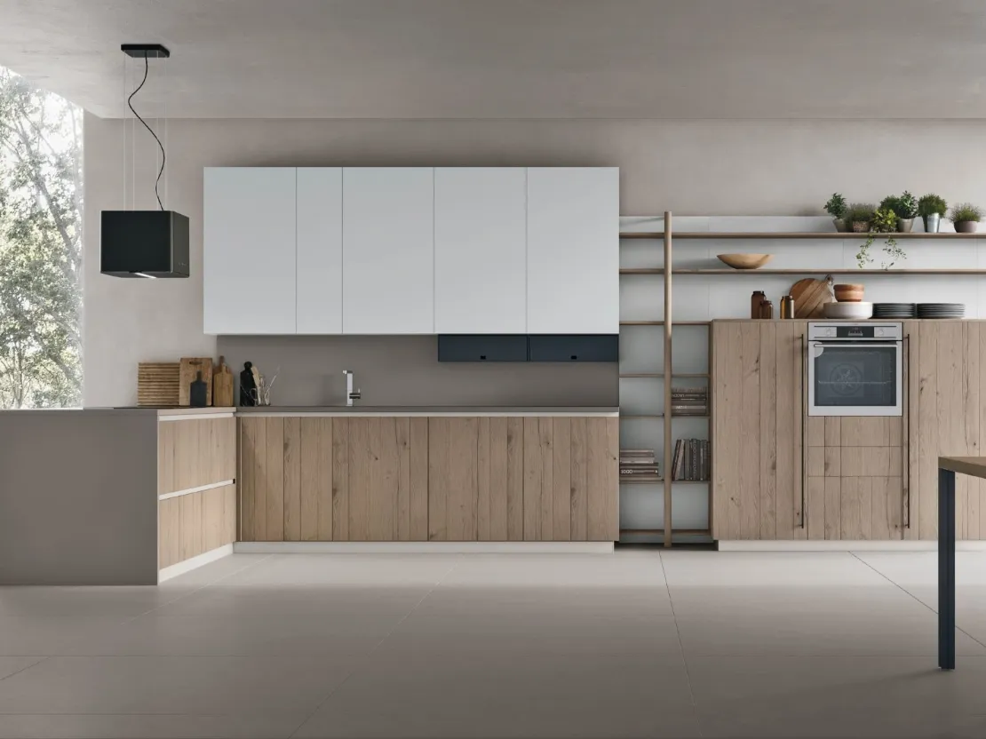 Cucina Moderna con penisola Natural v09 in Rovere Sahara dogato e pensili in laccato opaco di Stosa