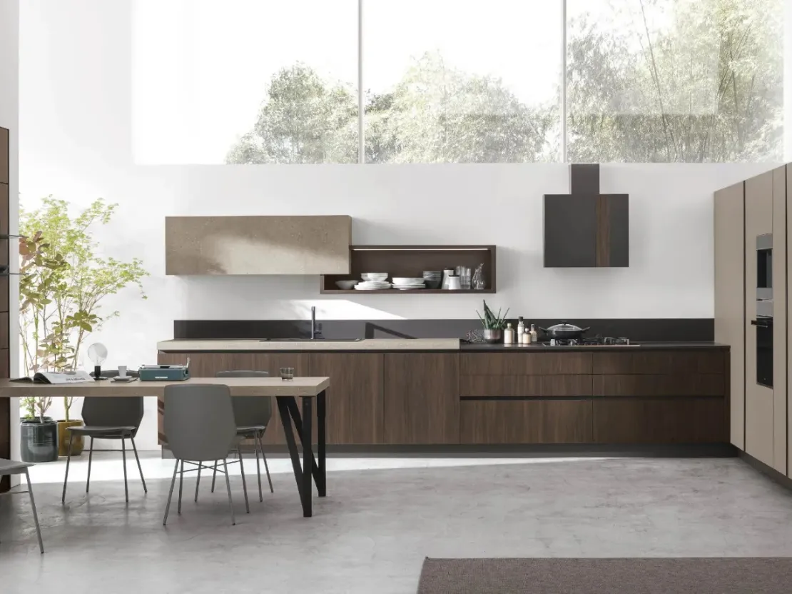 Cucina Moderna ad angolo Infinity v01 in Termo Strutturato Rovere Cumino e Graniglia di Stosa